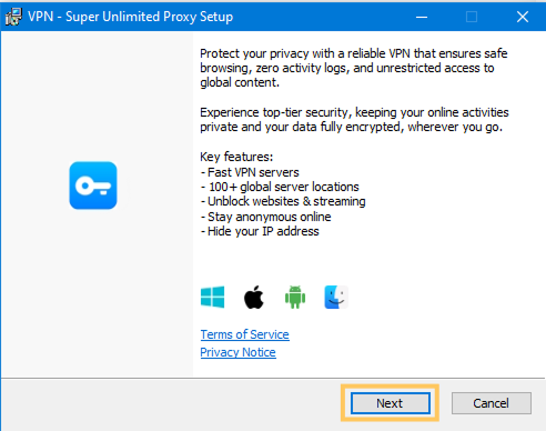 VPN Super installer welcome screen on Windows