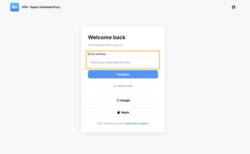 VPN Super Windows app email sign in screen