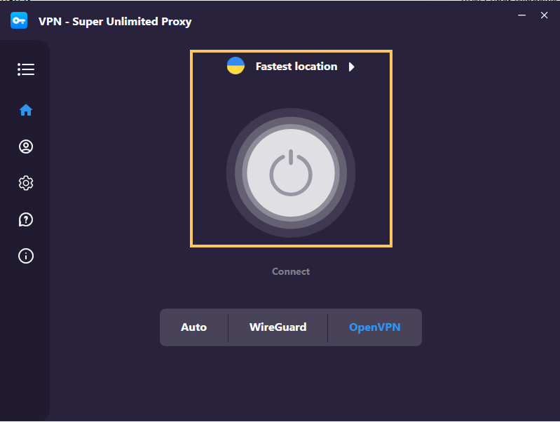VPN Super Windows app home screen with connect button