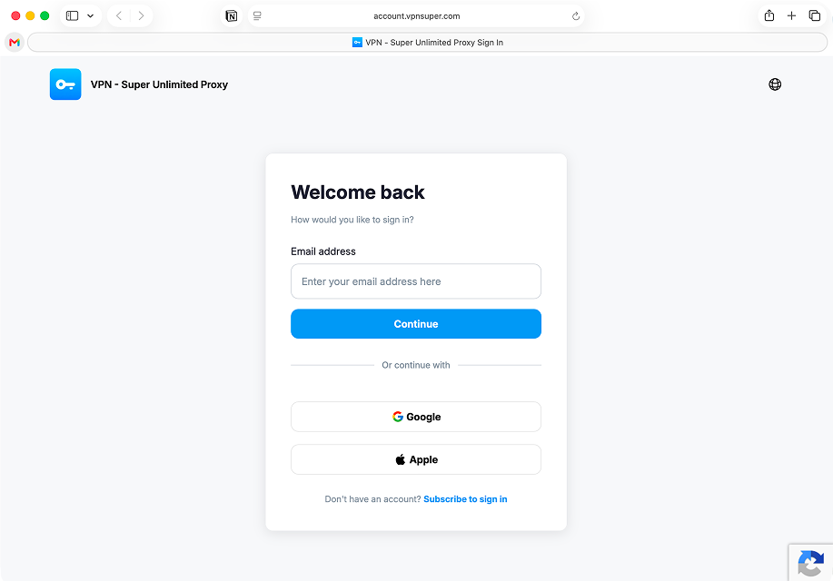 VPN Super sign-in form asking for your email address