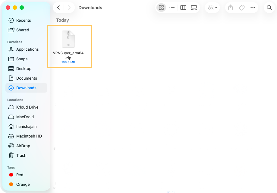 VPN Super installer file in the macOS Downloads folder