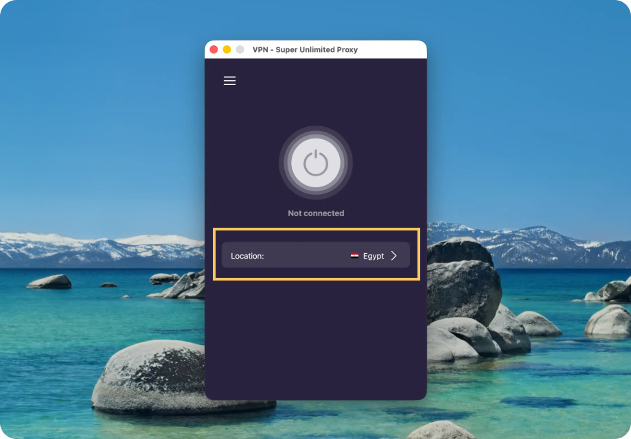 VPN Super for Mac main screen with the Location selector highlighted