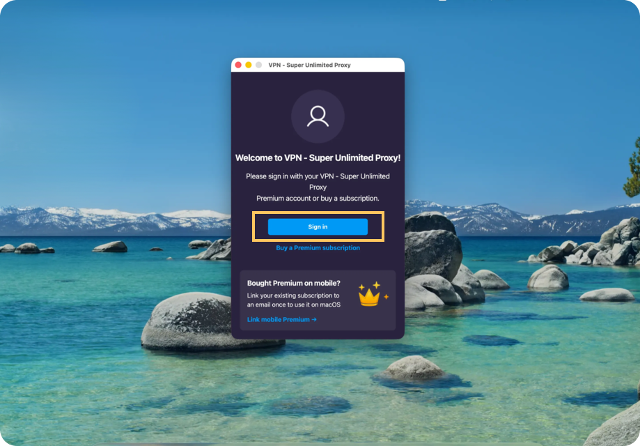 VPN Super for Mac welcome screen with the Sign in button highlighted
