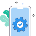 Smartphone screen showing blue gear with a white checkmark inside, with green leaves in background.