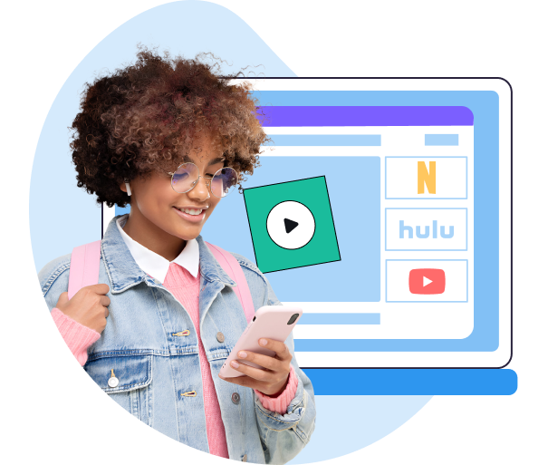 Young woman with curly hair, glasses, and backpack using a smartphone in front of a screen with streaming service icons.