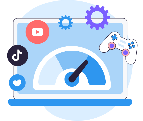 Laptop screen with speedometer gauge, gears, social media icons, and a game controller illustration.