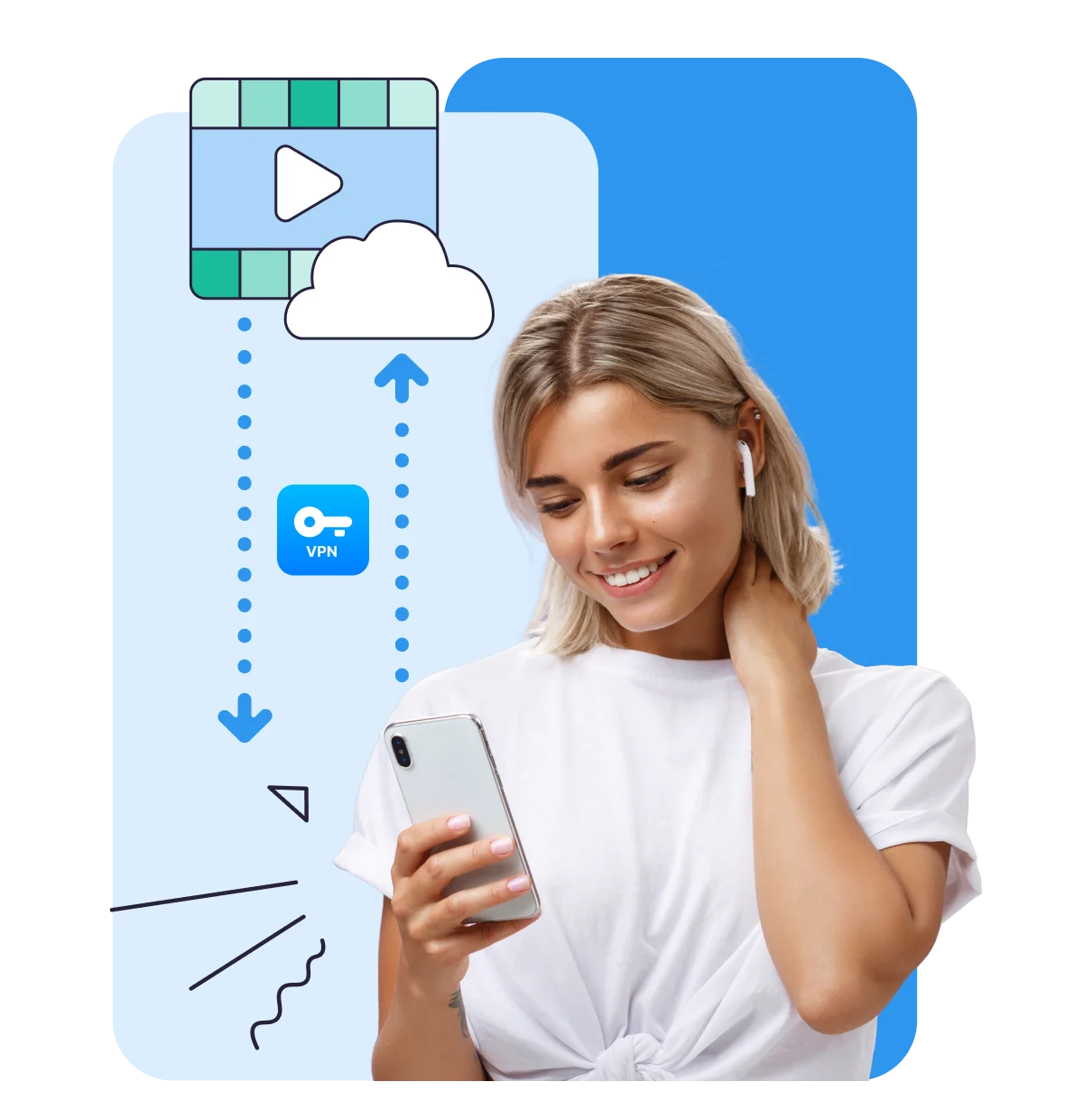 Illustration showing a TV with a connected Apple TV remote, gear icons, and decorative shapes representing how a VPN works on Apple TV