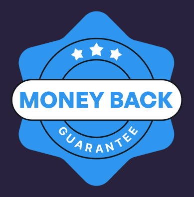 Blue money-back guarantee seal with three stars and a ribbon banner