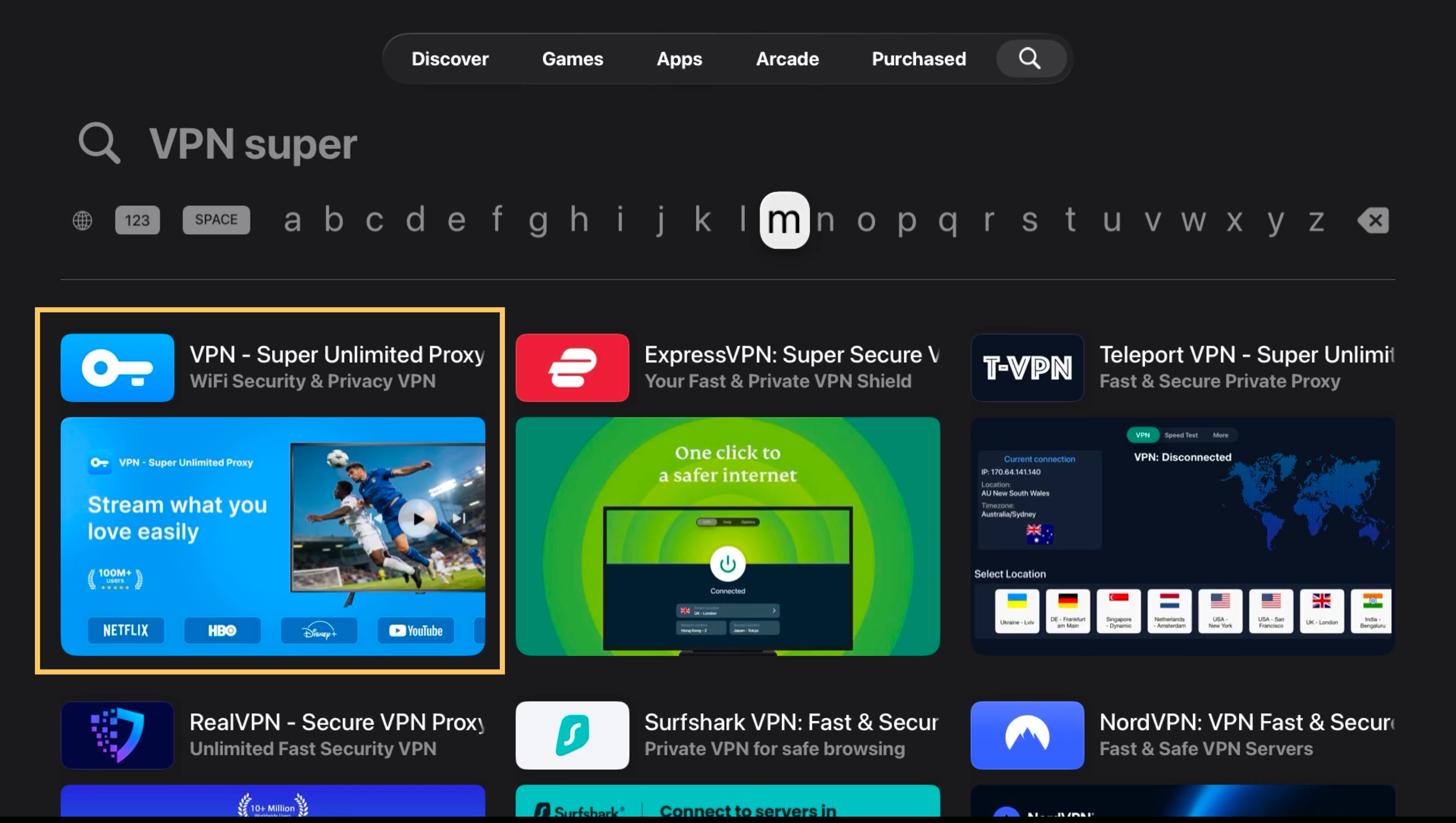 VPN - Super Unlimited Proxy in the Apple TV App Store search results