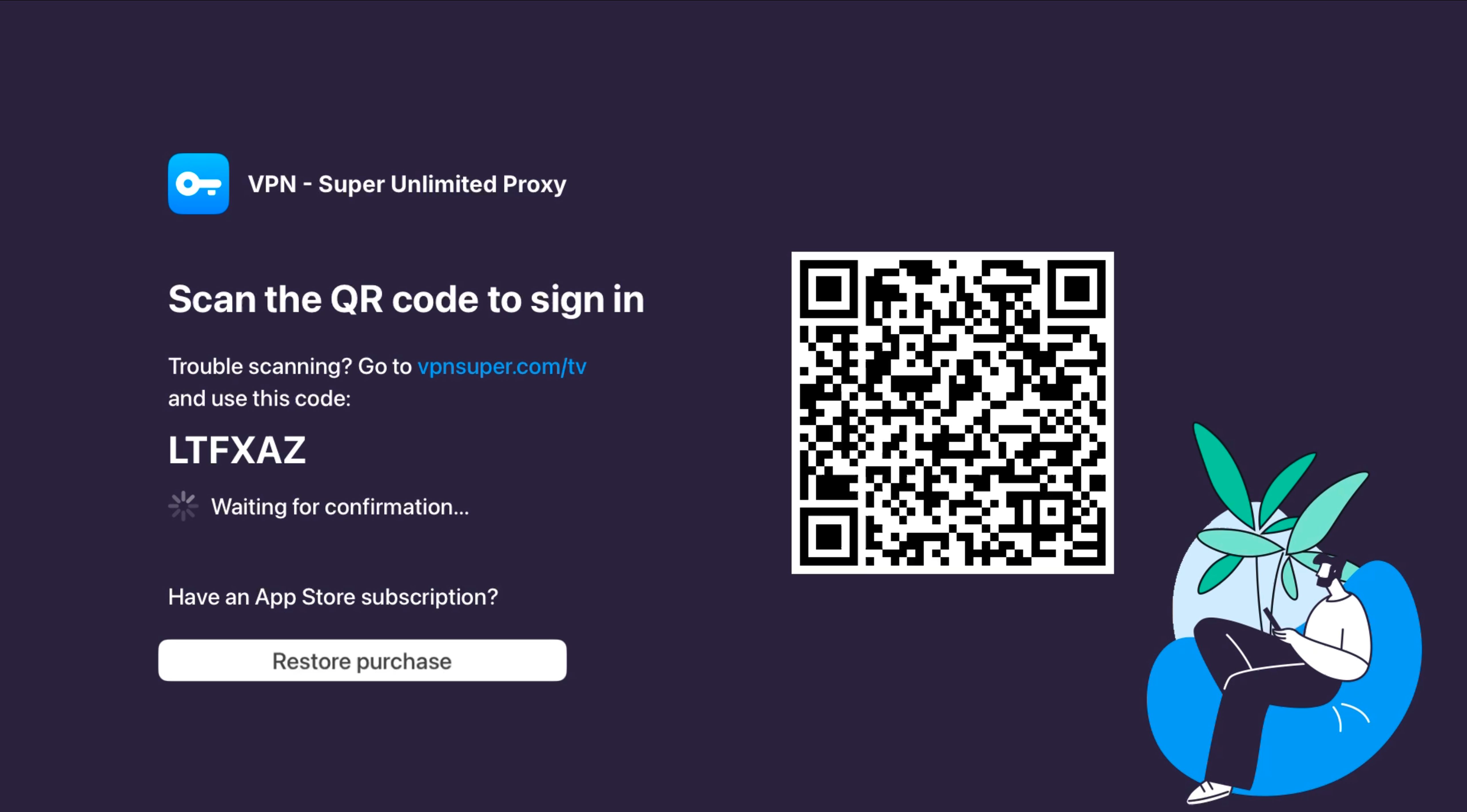 QR code sign-in screen on Apple TV with the Restore purchase option