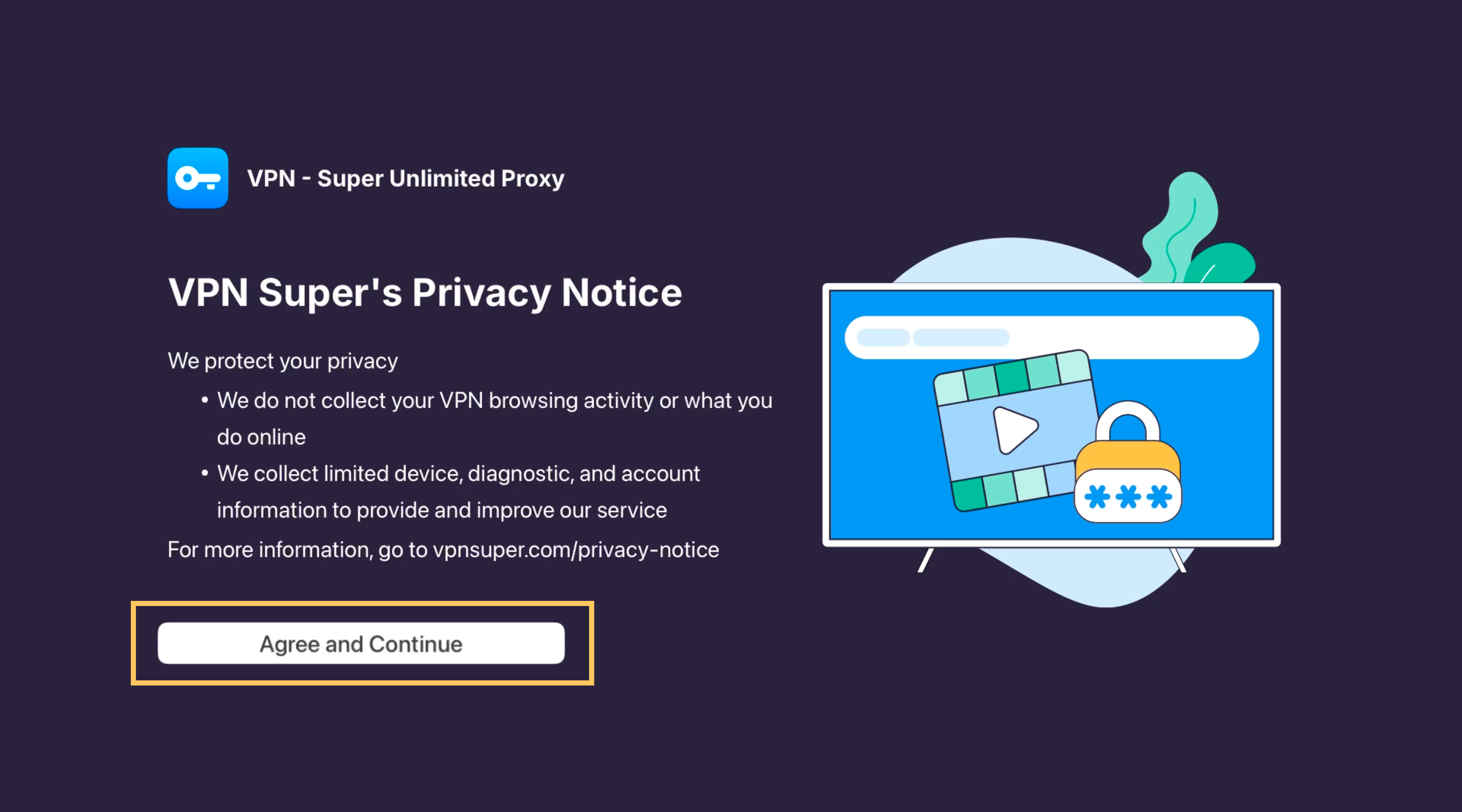 VPN Super Privacy Notice screen on Apple TV with Agree and Continue highlighted