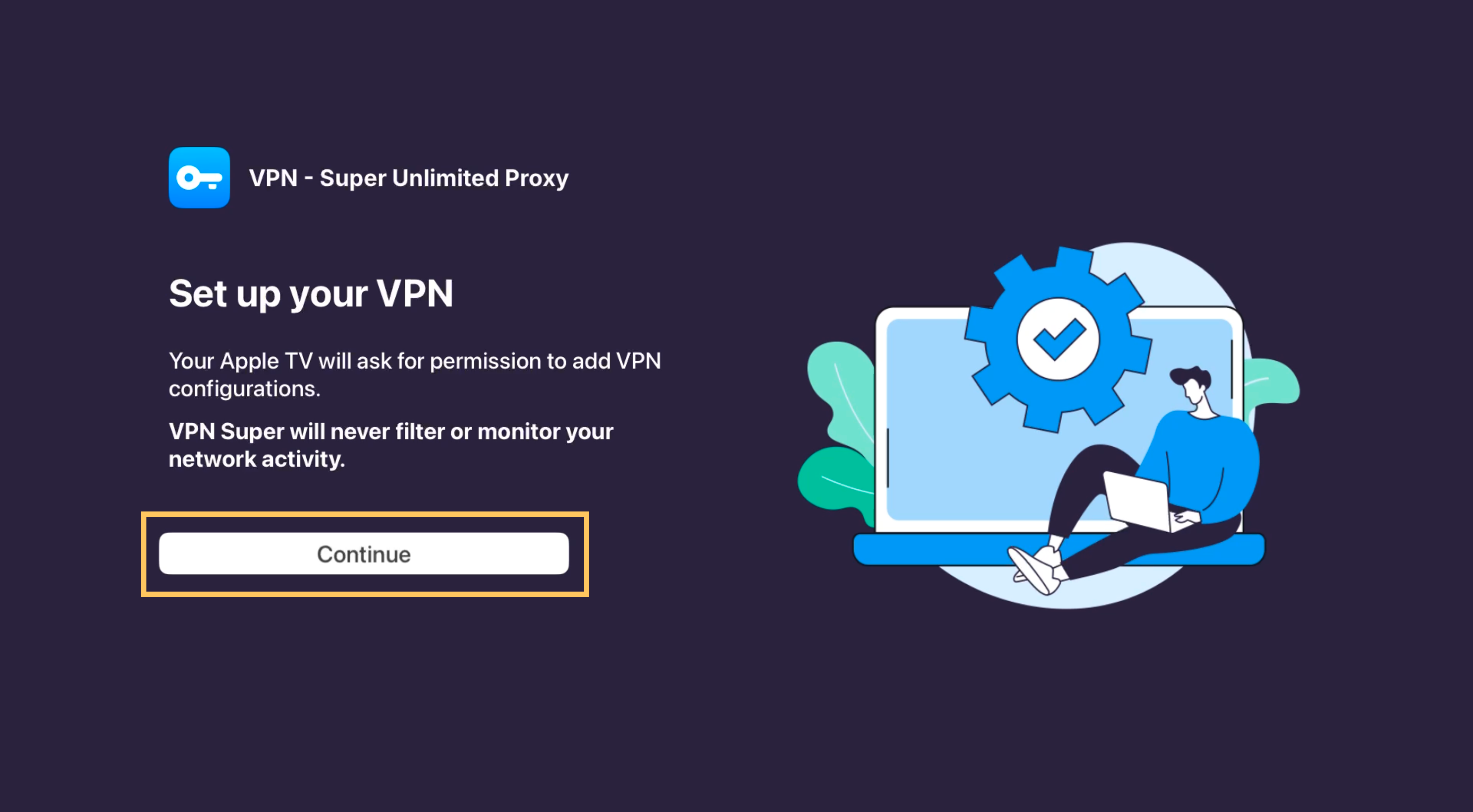 Set up your VPN screen on Apple TV with Continue highlighted