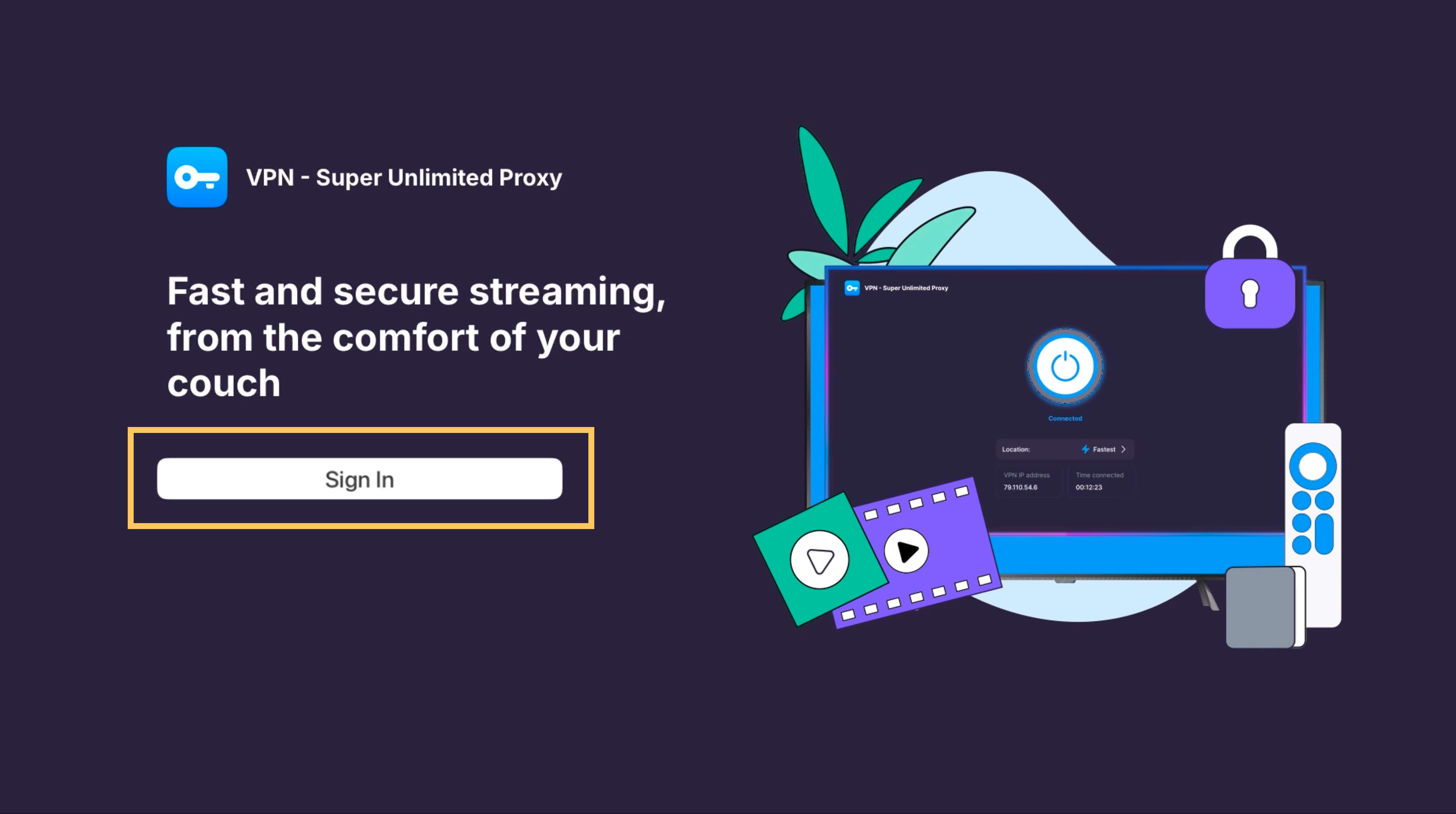 VPN Super welcome screen on Apple TV with the Sign In button highlighted