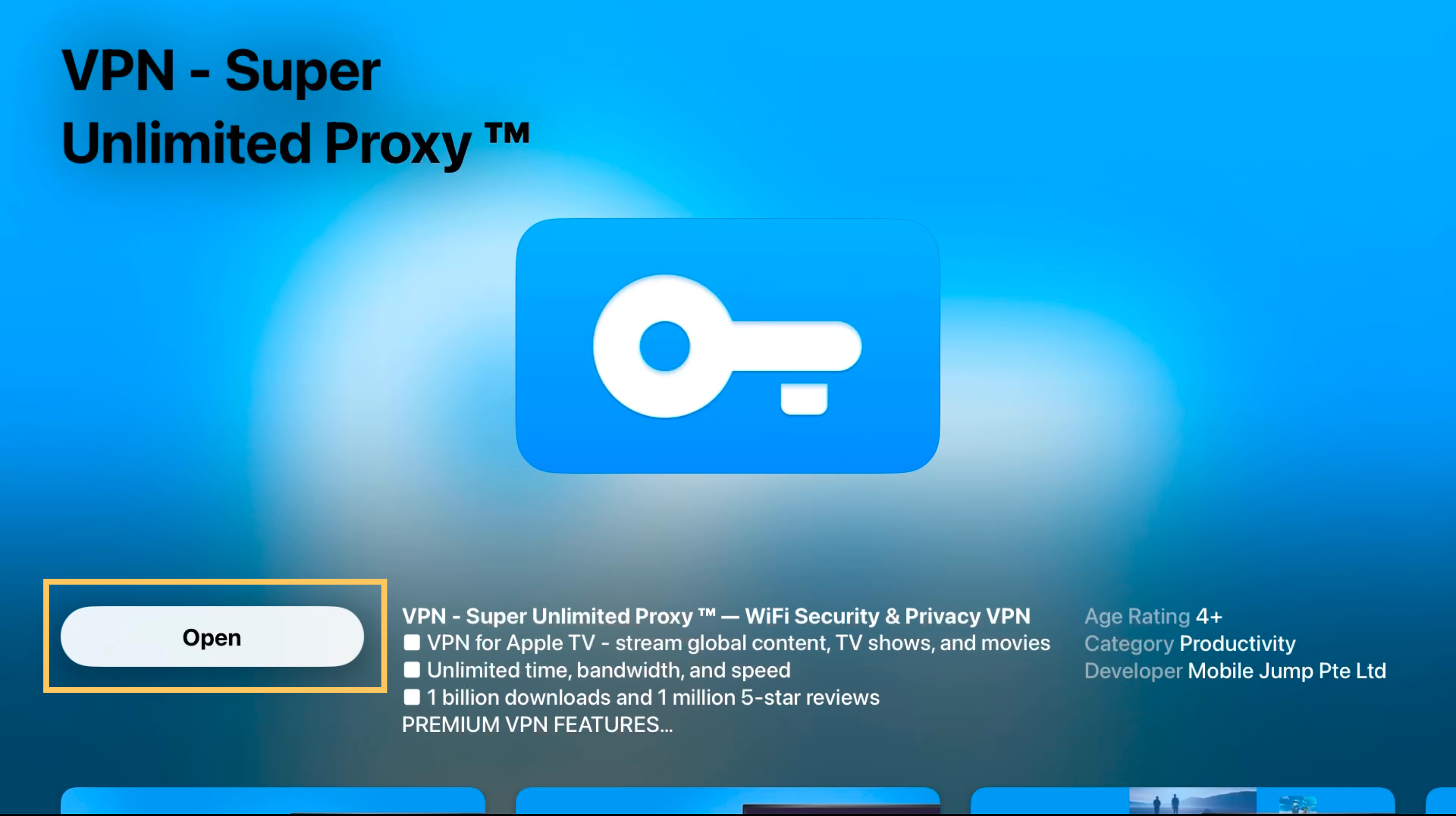 VPN Super app page in the Apple TV App Store with the Open button highlighted