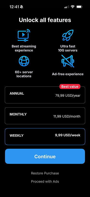 VPN Super plan picker screen showing Annual, Monthly, and Weekly options