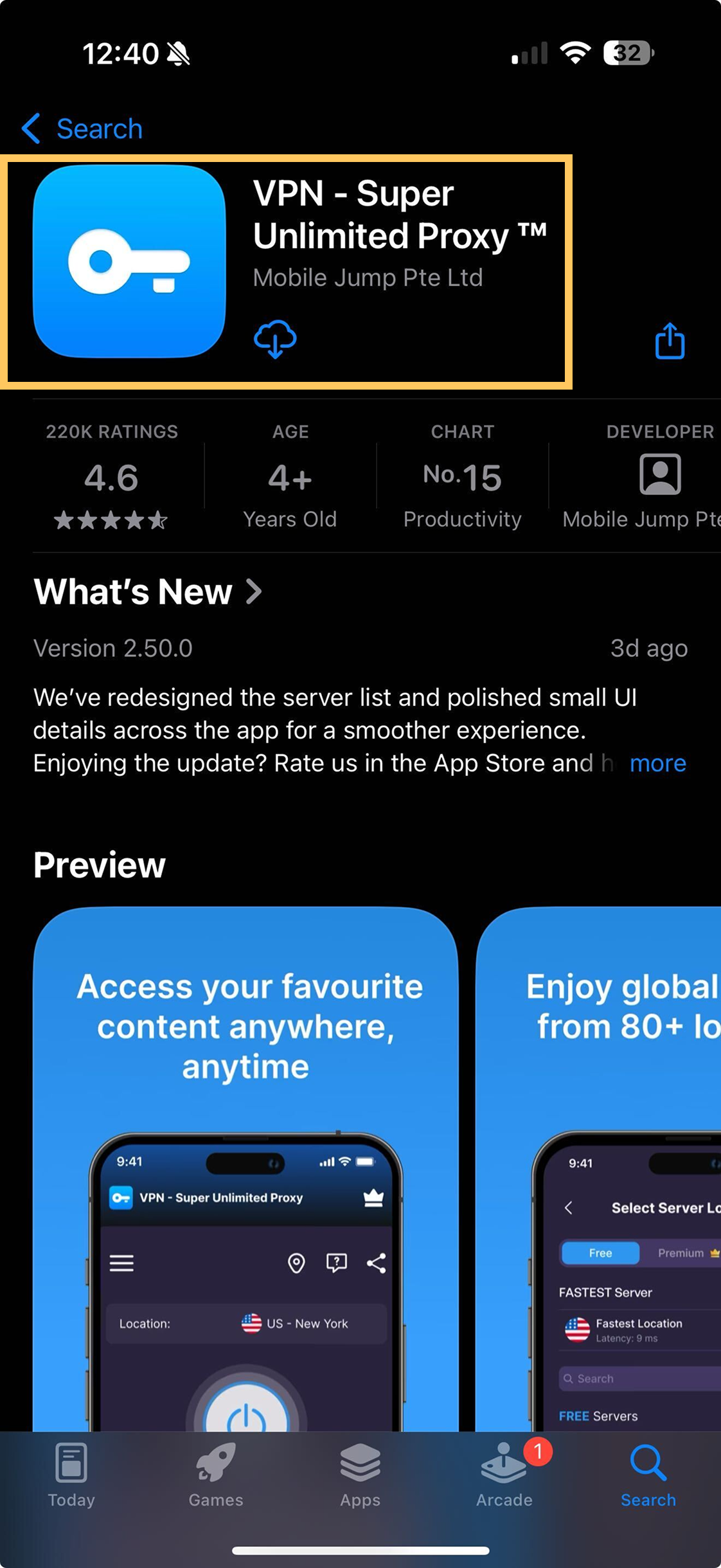 VPN - Super Unlimited Proxy in the App Store search results with the download icon