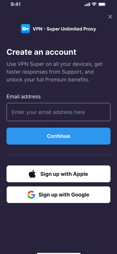 Create an account screen in VPN Super with email, Apple, and Google sign-up options