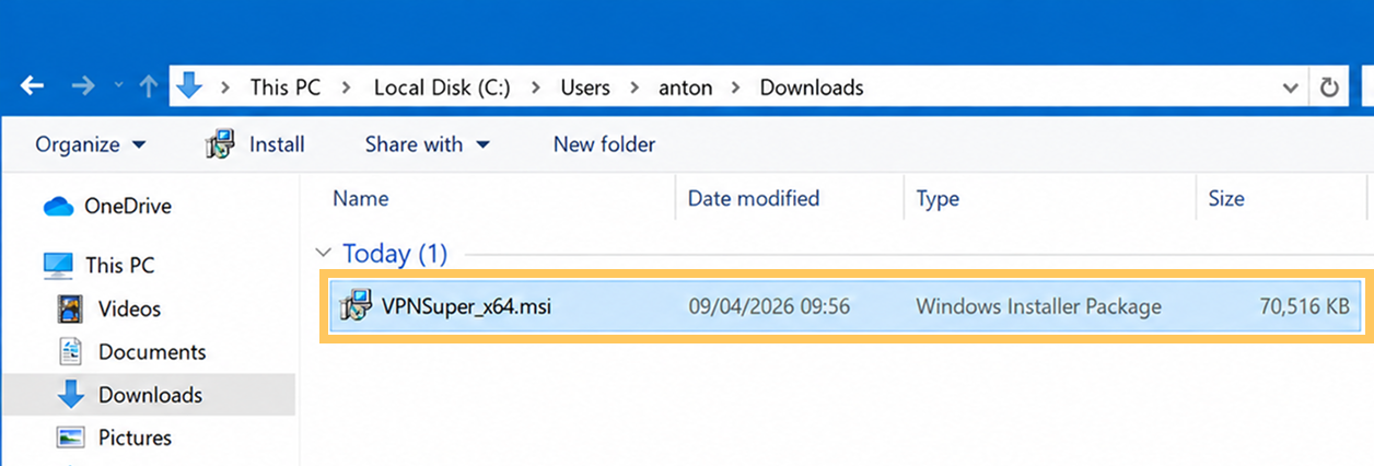 VPN Super installer file (VPNSuper_x64.msi) in the Windows Downloads folder