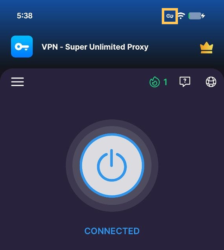 Android status bar showing the connected VPN key indicator