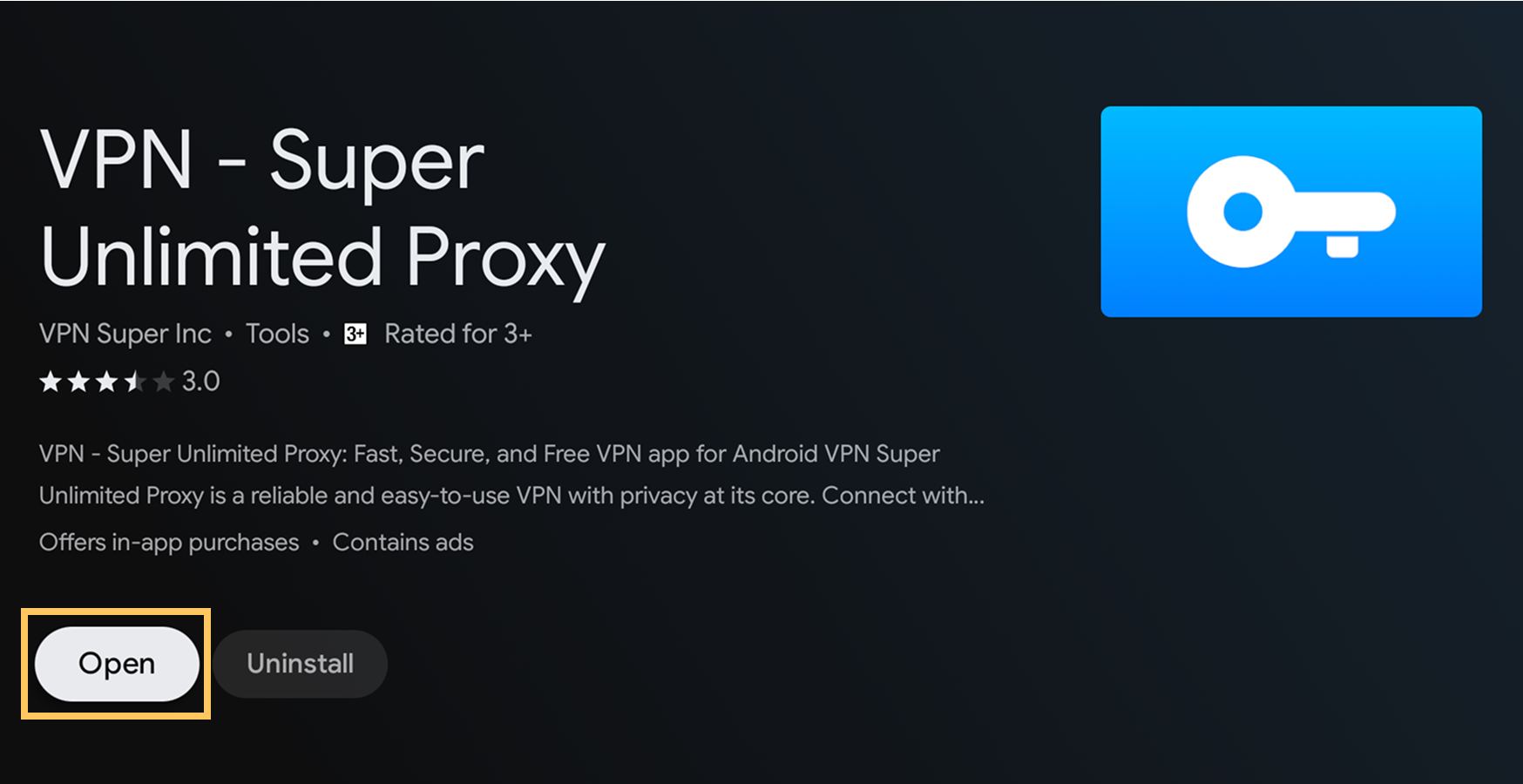 VPN Super app page in the Android TV Play Store with the Open button highlighted