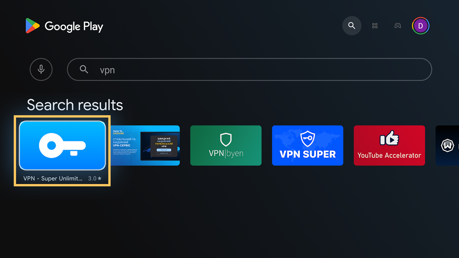 VPN - Super Unlimited Proxy in the Android TV Play Store search results