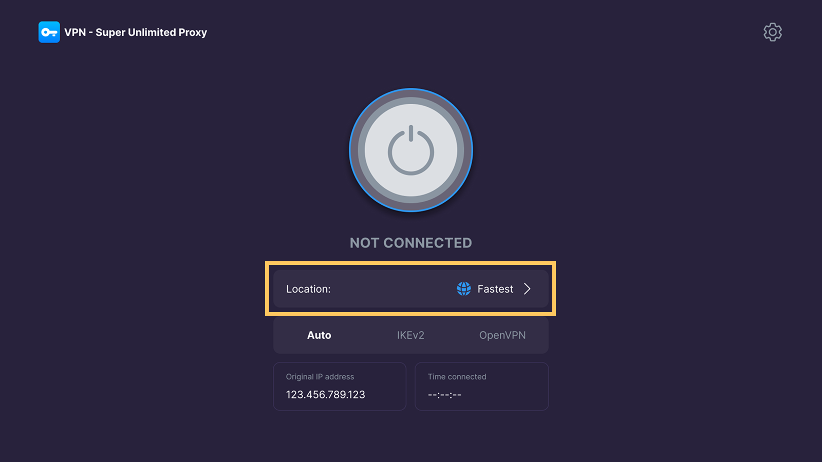 VPN Super home screen on Android TV with the Location selector highlighted
