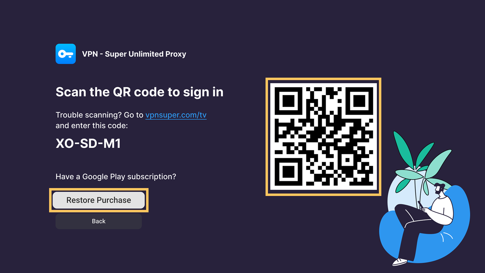 QR code sign-in screen on Android TV with the Restore Purchase option