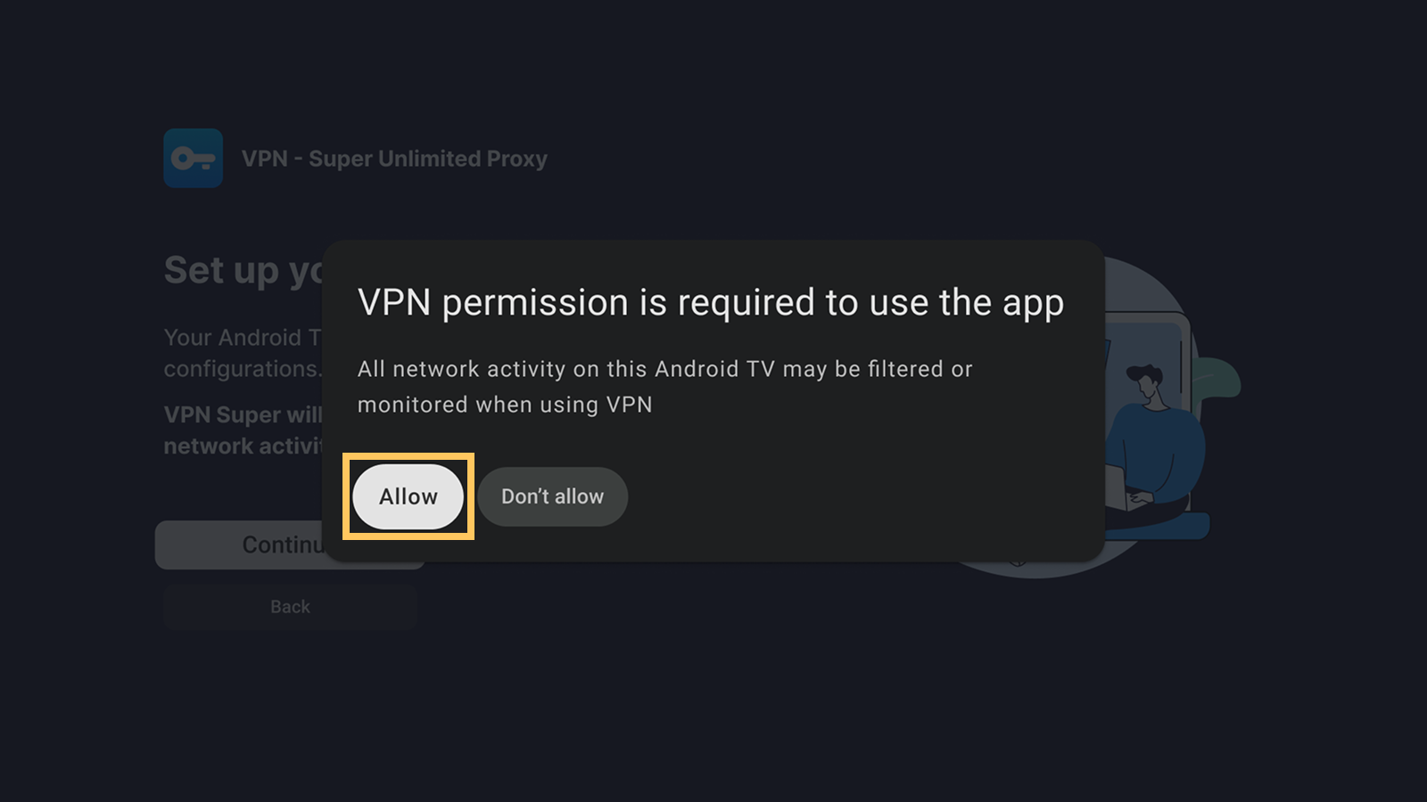 VPN permission prompt on Android TV with Allow highlighted