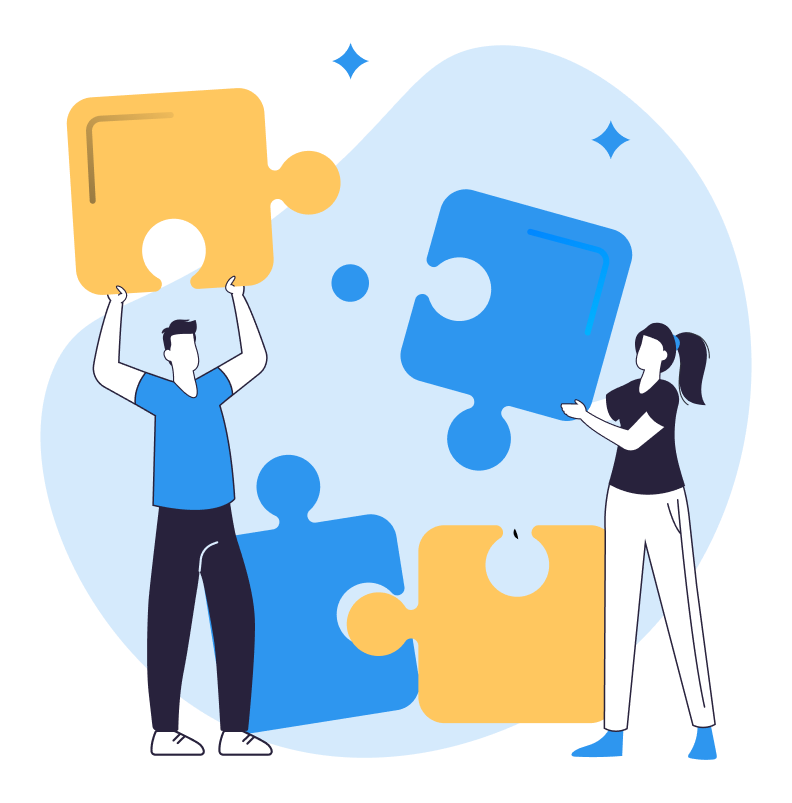 Illustration of a man and a woman holding large puzzle pieces, with additional puzzle pieces on the ground, symbolizing teamwork and collaboration.
