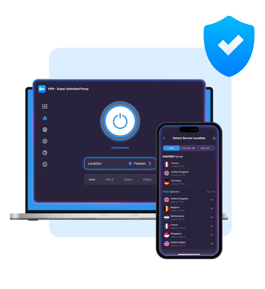 Laptop and smartphone displaying VPN app interface named 'VPN - Super Unlimited Proxy' showing connection status as connected and server location options including France, United Kingdom, Germany, Belgium, Netherlands, Singapore, and United States with latency times, with a blue shield icon featuring a white check mark symbolizing security.