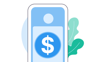 Illustration of a smartphone with a large blue dollar sign symbol on its screen, against a background featuring abstract blue and green decorative shapes.