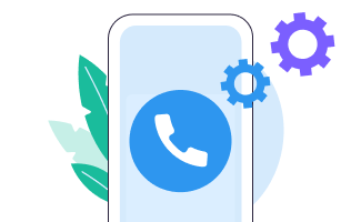 Illustration of a smartphone with a blue phone call icon on the screen and two gears in the background, symbolizing phone settings or communication technology.