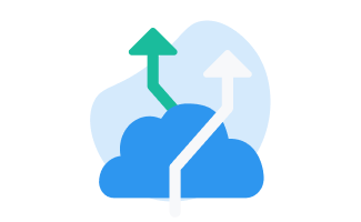 Blue cloud icon with two arrows pointing upwards, one green arrow veering left, symbolizing data upload or cloud computing.