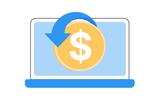 Illustration of a laptop with a large gold coin featuring a white dollar sign and a blue arrow curving downwards around the coin.