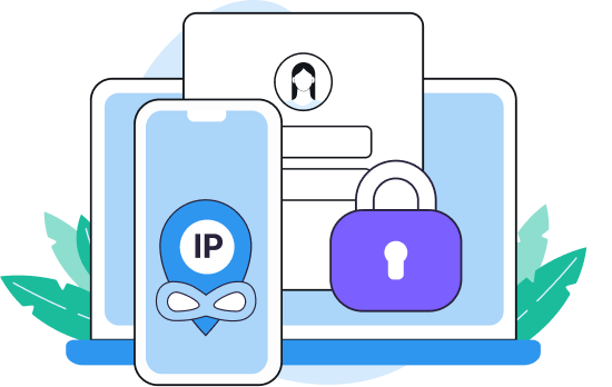 Illustration of a laptop with a user profile screen, a smartphone showing a location pin labeled IP with an infinity symbol, and a purple padlock symbolizing online security and privacy.