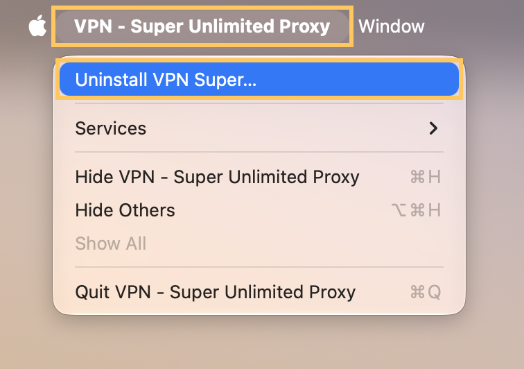 VPN Super menu in the Mac menu bar with Uninstall VPN Super highlighted