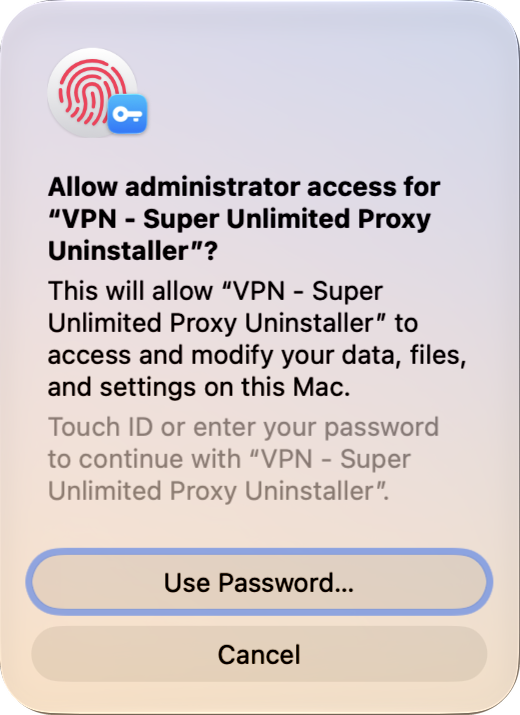 macOS prompt to allow the VPN Super uninstaller with Touch ID or a password