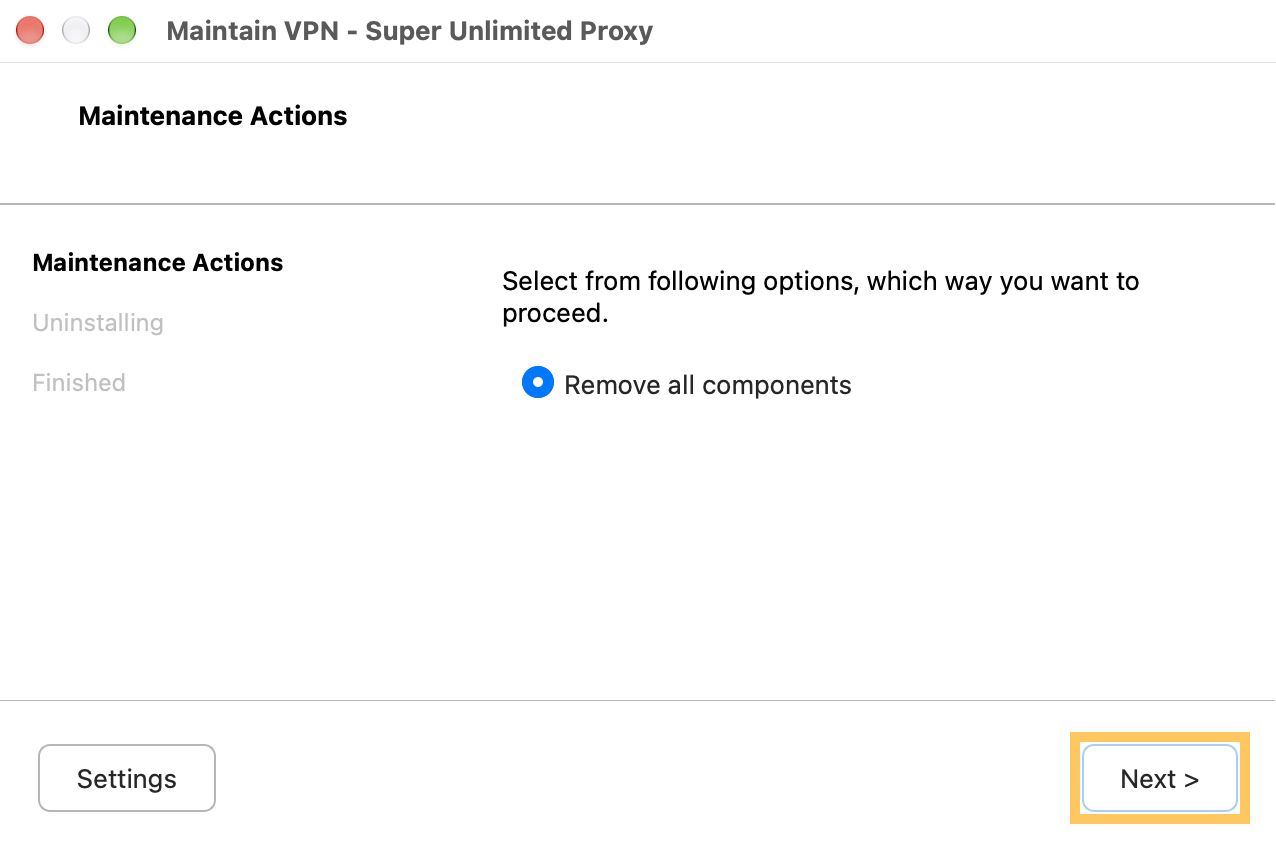 VPN Super uninstaller with Remove all components selected and the Next button highlighted