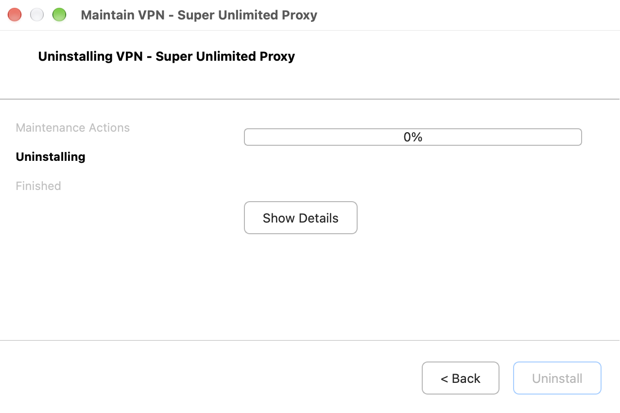 VPN Super uninstaller removing the app, with a progress bar