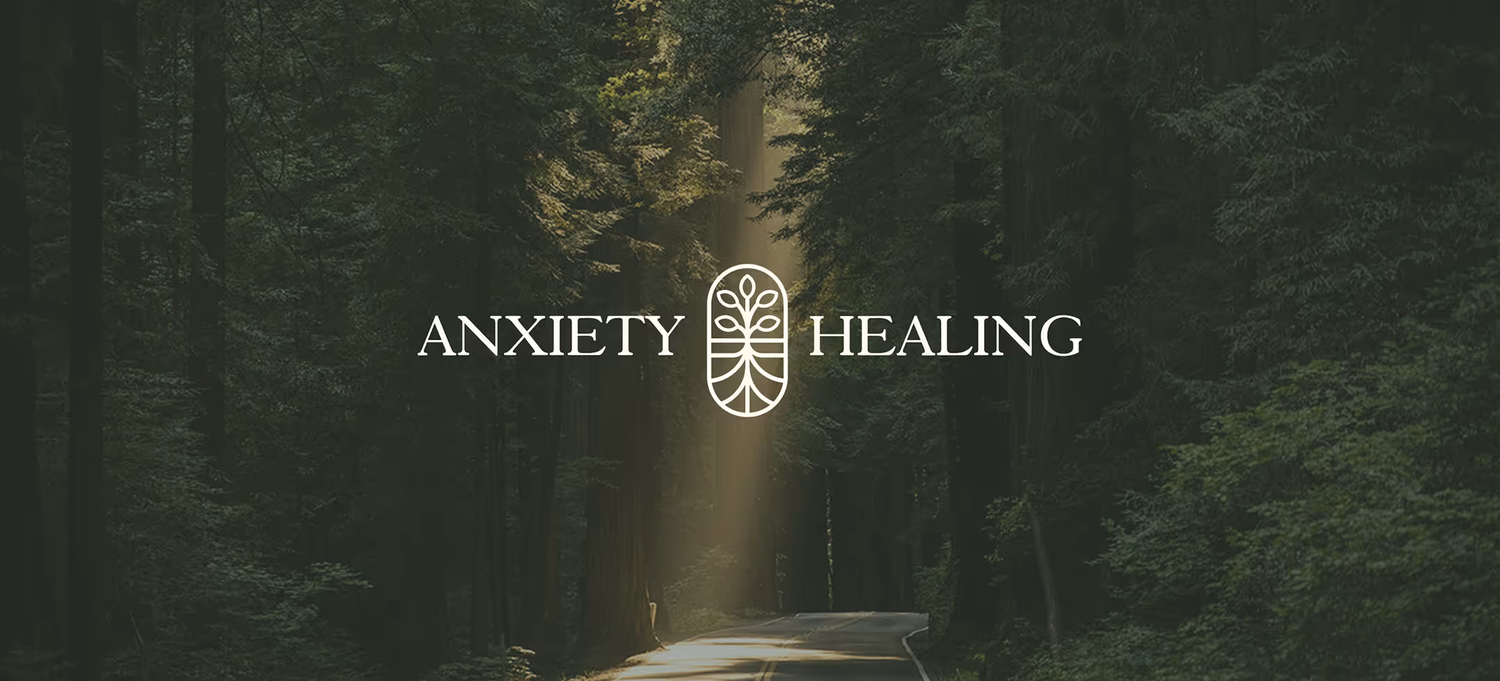 A logo for the therapy practice Anxiety Healing with an image of a forest behind it.