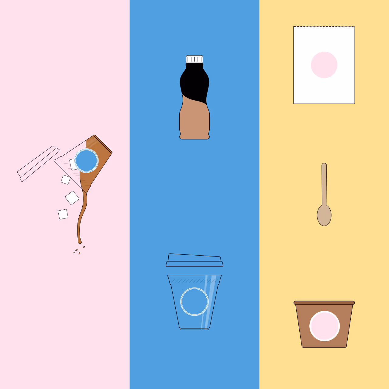 Illustrations of waste items grouped by category: liquids on pink, recyclables on blue, garbage on yellow.