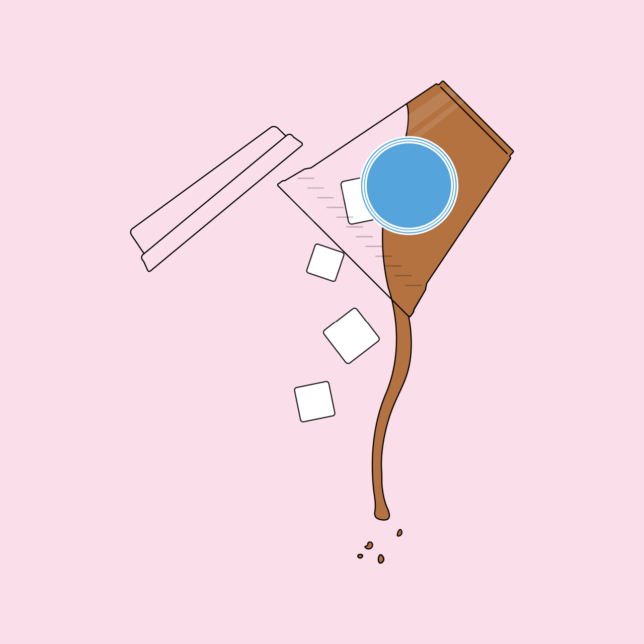 Icons showing waste categories: pink for liquids, blue for recycling, yellow for garbage.