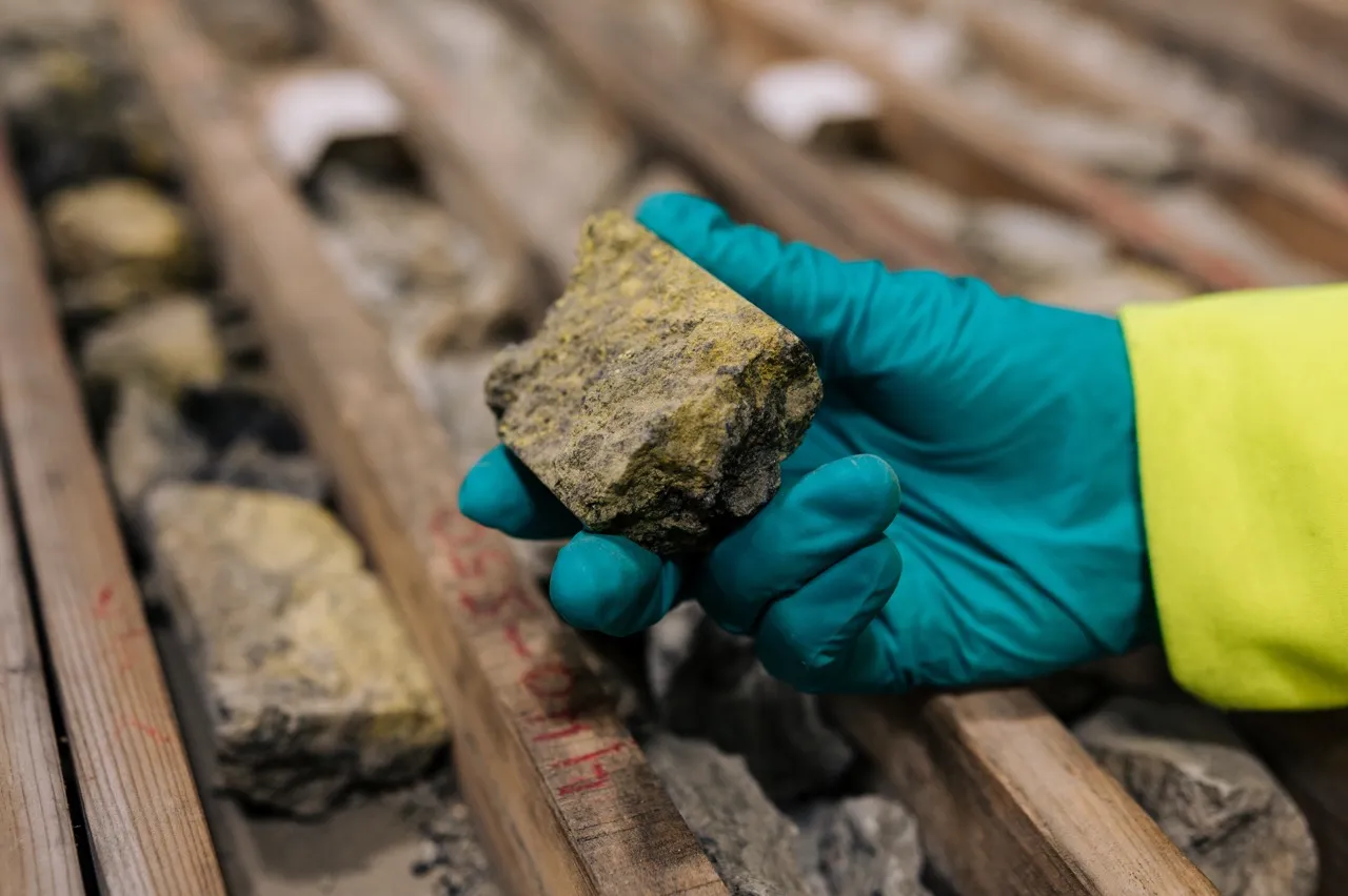 Gloved hand holding a rough yellowish rock sample with other rock samples on wooden racks.