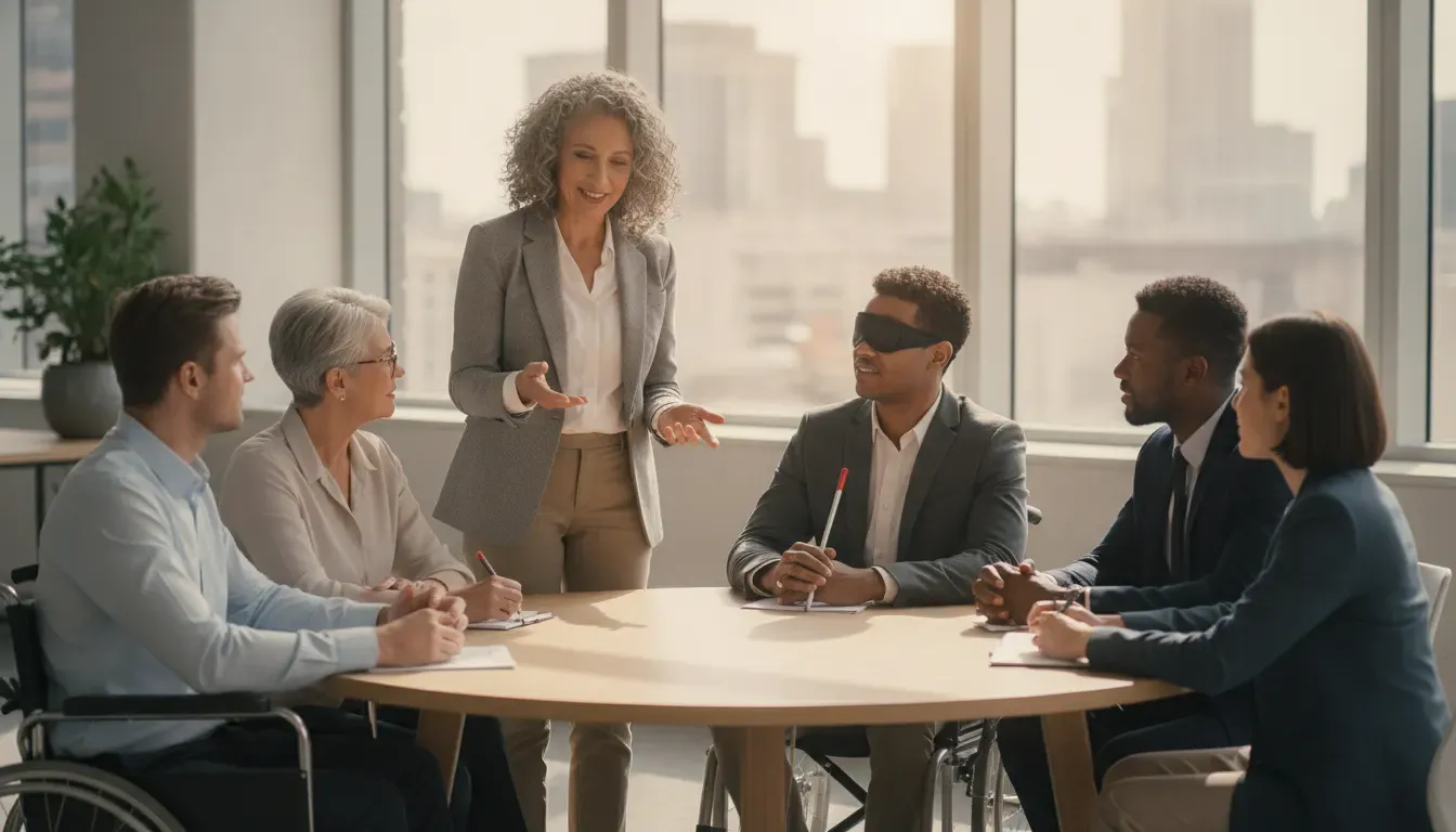 Diverse employees collaborating in an employee resource group meeting