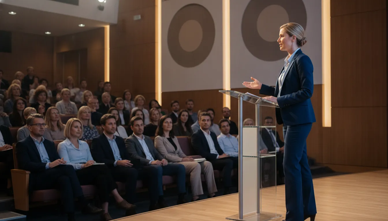 Professional speaker preparing to address an engaged audience
