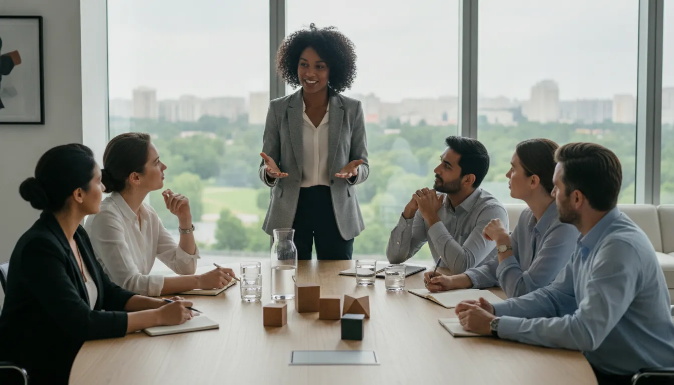 Diverse team collaborating in a facilitated meeting