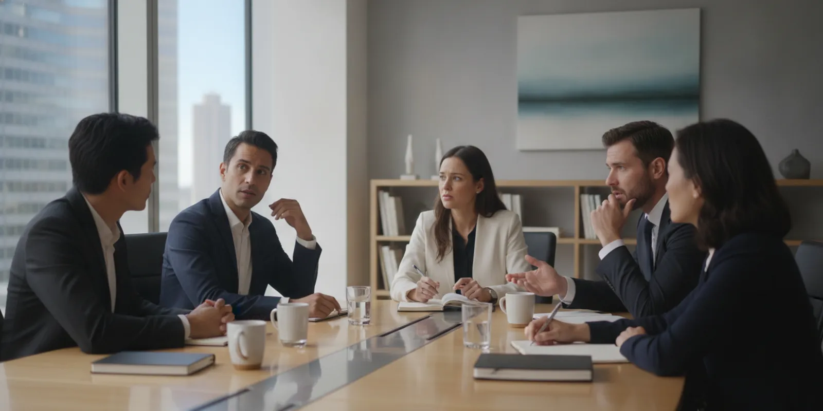 Leader facilitating a thoughtful team discussion around a conference table