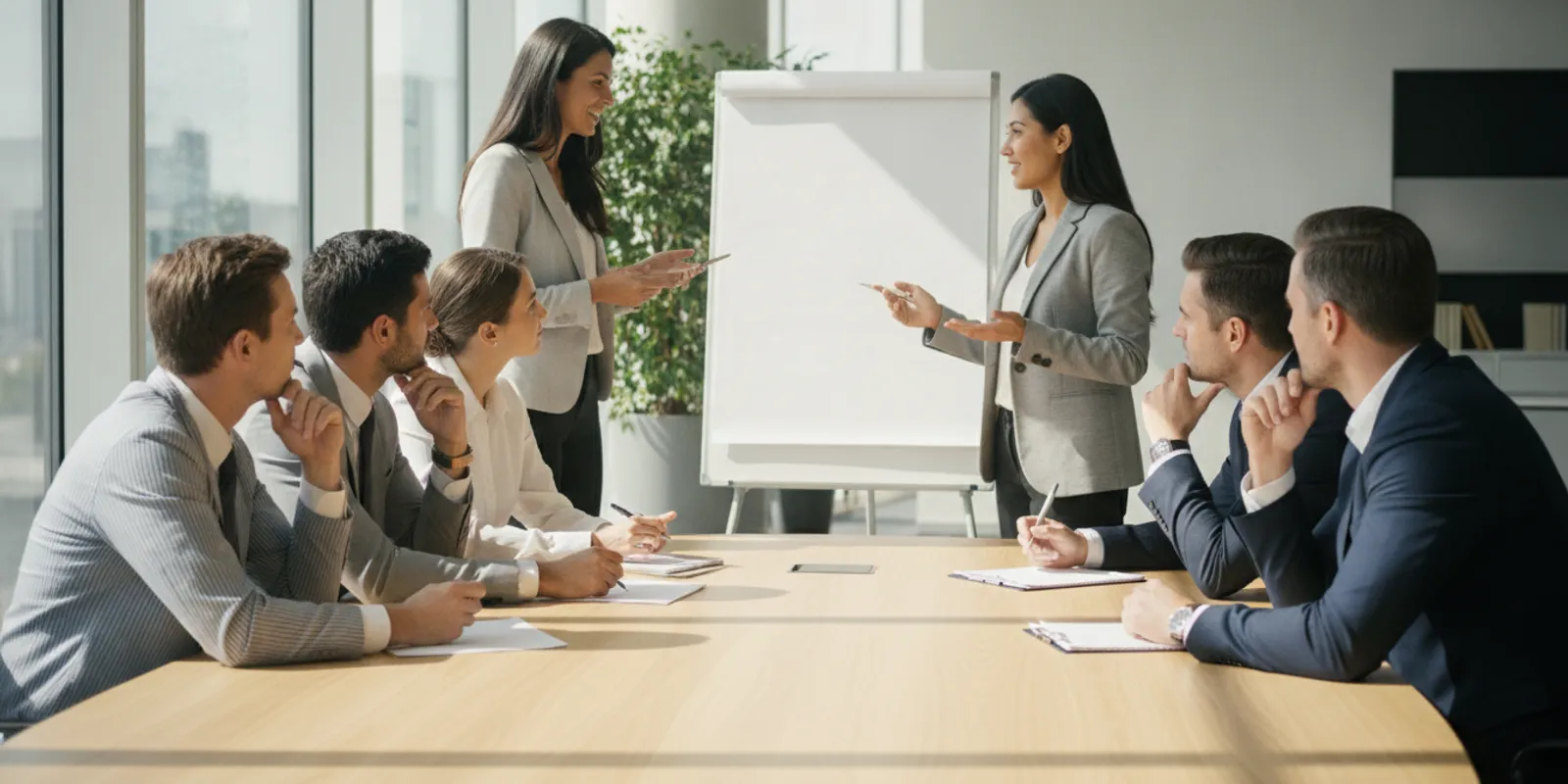 A team leader and colleagues reviewing shared goals around a conference table