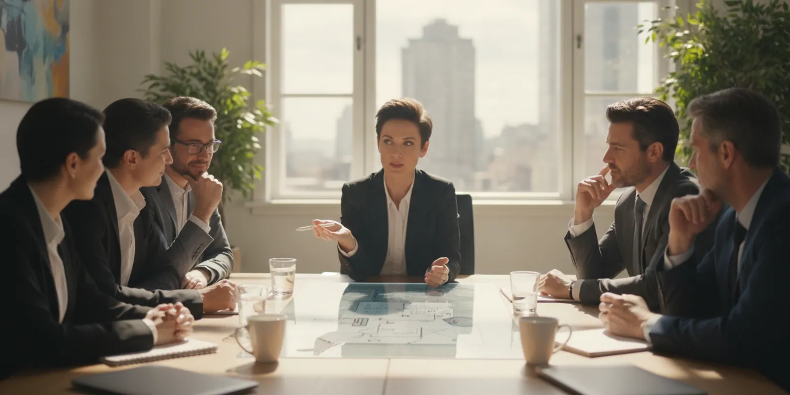 A team leader and colleagues reviewing a project plan together around a conference table