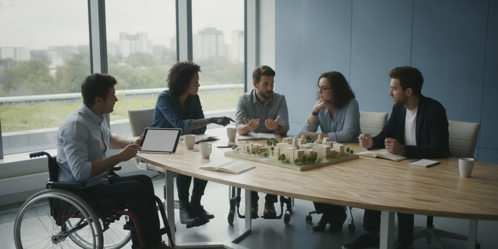 Colleagues in a workplace meeting discussing a project together around a table